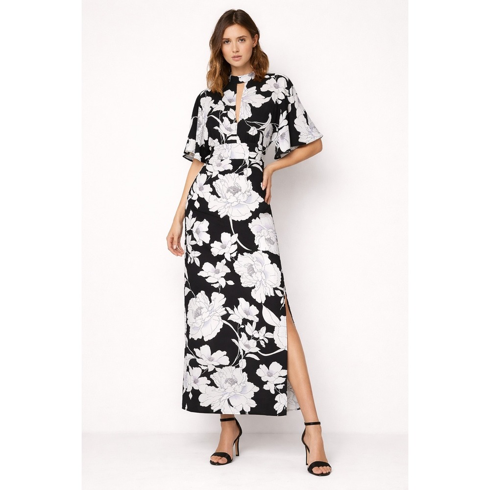 Truth & Fable Black Floral Flutter Sleeve Midi‎ Dress Sz S Romantic Elegant Chic